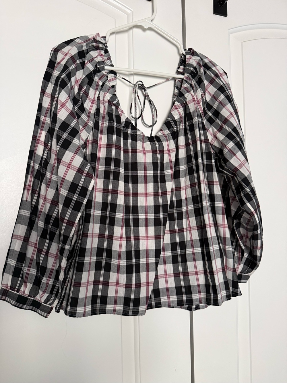 J. Crew Black, White & Pink Plaid Peasant Top